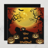 Spooky Halloween Moon, Pumpkins Bats Invitation Kaart (Voorkant / Achterkant)