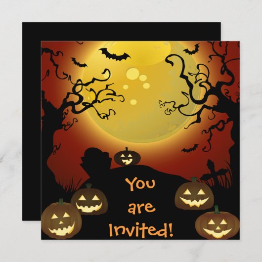 Spooky Halloween Moon, Pumpkins Bats Invitation Kaart (Voorkant / Achterkant)