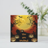 Spooky Halloween Moon, Pumpkins Bats Invitation Kaart (Staand voorkant)