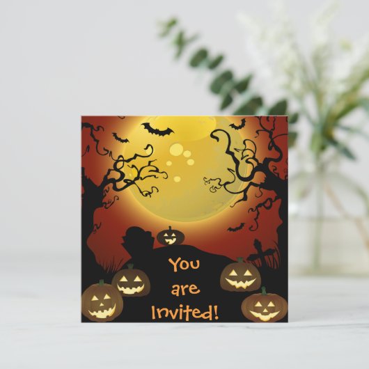 Spooky Halloween Moon, Pumpkins Bats Invitation Kaart (Staand voorkant)
