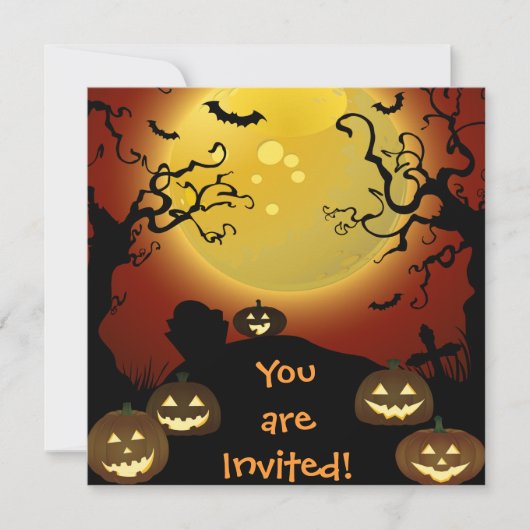 Spooky Halloween Moon, Pumpkins Bats Invitation Kaart (Voorkant)