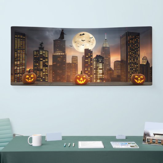 Spooky Halloween Night Cityscape met pompoen Spandoek (Beurs)