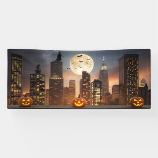 Spooky Halloween Night Cityscape met pompoen Spandoek