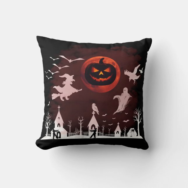 Spooky Halloween Night Full Moon Pumpkin Scene Kussen (Voorkant)