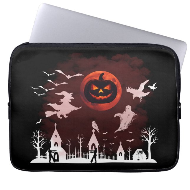 Spooky Halloween Night Full Moon Pumpkin Scene Laptop Sleeve (Voorkant)