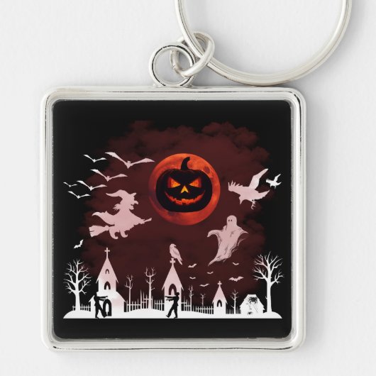 Spooky Halloween Night Full Moon Pumpkin Scene Sleutelhanger (Voorkant)