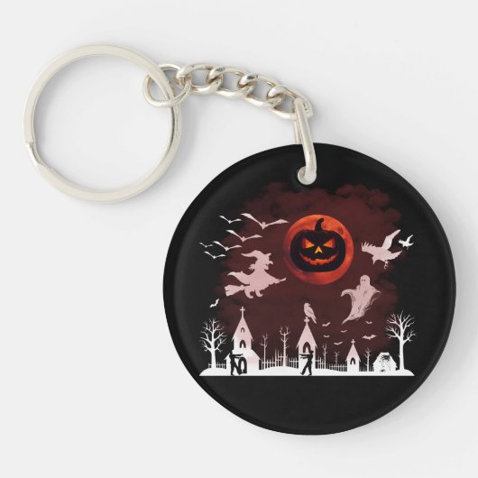 Spooky Halloween Night Full Moon Pumpkin Scene Sleutelhanger (Voorkant)