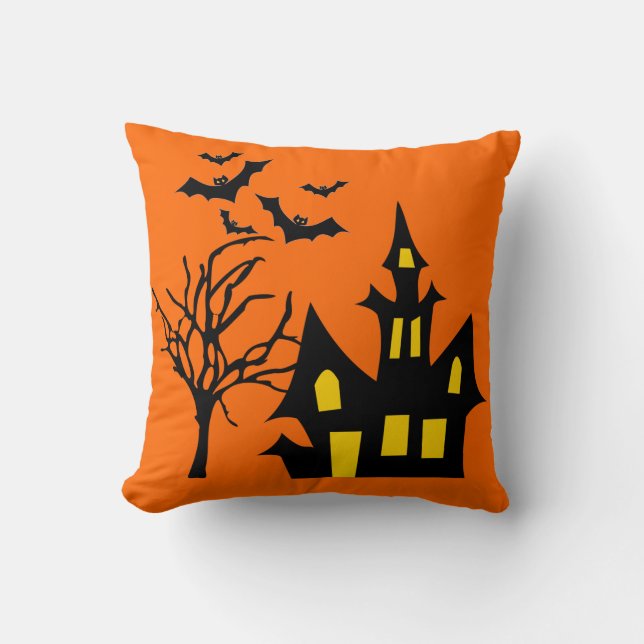 Spooky Halloween Night Lit Hauning House Tree Bats Kussen (Voorkant)