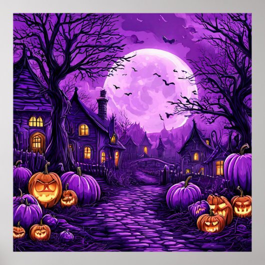 Spooky Halloween Night met gloeiende pompoenen Poster (Voorkant)