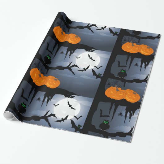 Spooky Halloween Night Scene Cadeaupapier (Uitgerold)