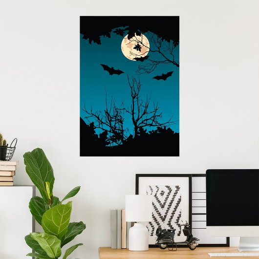 Spooky Halloween Night Volle Maan en Vliegende Vle Poster