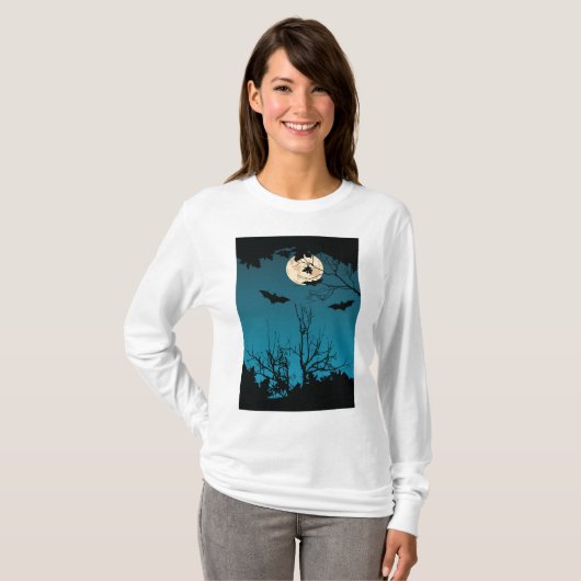 Spooky Halloween Night Volle Maan en Vliegende Vle T-shirt (Voorkant volledig)