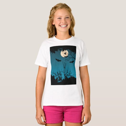 Spooky Halloween Night Volle Maan en Vliegende Vle T-shirt (Voorkant volledig)
