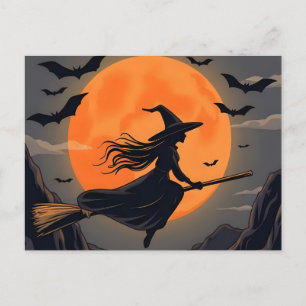 Spooky Halloween Oranje Moon Witch Flying Feestdagenkaart