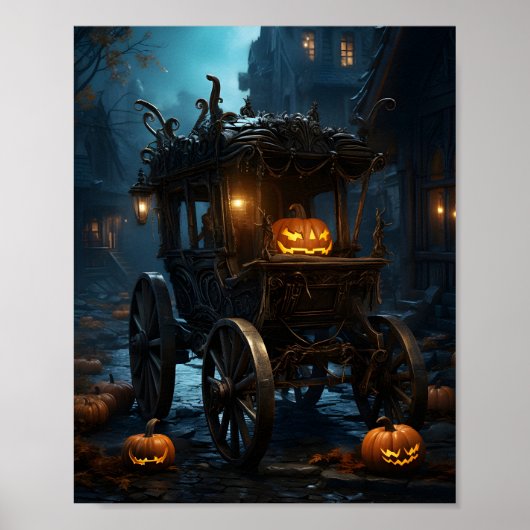 Spooky Halloween Oranje pompoen in de koets Poster (Voorkant)