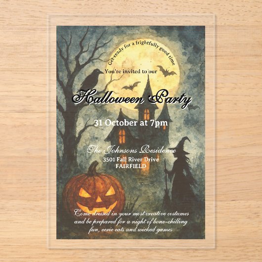 Spooky Halloween Party - Haunted House & Pumpkin Acryl Uitnodigingen (Voorkant)