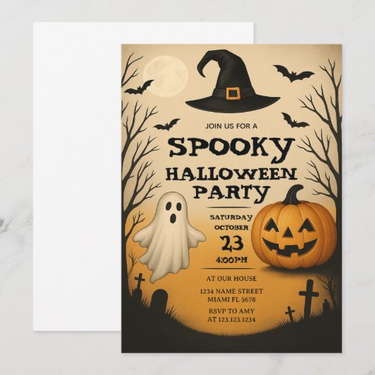 Spooky Halloween Party Invitation Ghost & Pumpkin Kaart (Voorkant / Achterkant)