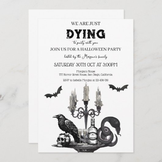 Spooky Halloween Party - Raven, Skull & Bats Kaart (Voorkant / Achterkant)