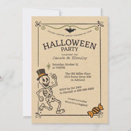 Spooky  Halloween Party Retro Skeleton Kaart (Voorkant)