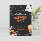 Spooky Halloween Party Zwart Sinaasappel Uitnodigi Kaart (Staand voorkant)