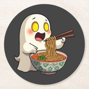 Spooky Halloween Pastel Kawaii Ghost Eating Ramen Ronde Kartonnen Onderzetter