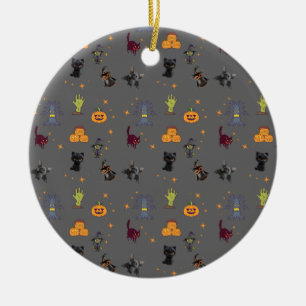 Spooky Halloween patroon met zwarte katten, pompoe Keramisch Ornament