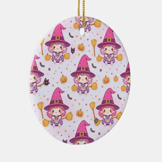 Spooky Halloween Pattern with Pumpkins and witch Keramisch Ornament (Rechts)