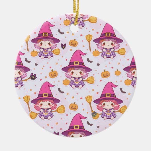Spooky Halloween Pattern with Pumpkins and witch Keramisch Ornament (Voorkant)
