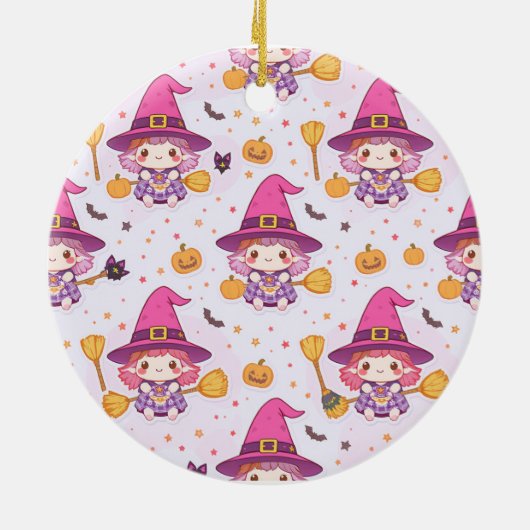 Spooky Halloween Pattern with Pumpkins and witch Keramisch Ornament (Achterkant)