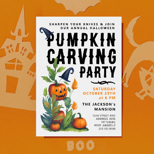 Spooky Halloween Pompoen Carving Party Waterverf Kaart