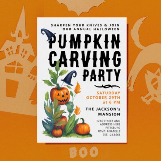 Spooky Halloween Pompoen Carving Party Waterverf Kaart