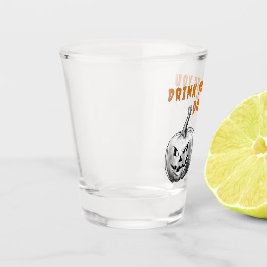 Spooky Halloween pompoen Drink me als je durft Shot Glas (Links)