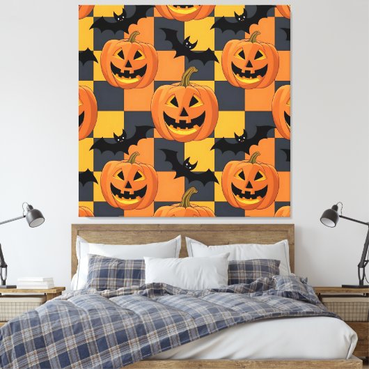 Spooky Halloween pompoen en vleermuispatroon Canvas Afdruk (Insitu (Slaapkamer))