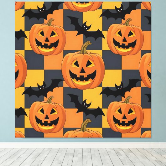 Spooky Halloween pompoen en vleermuispatroon Canvas Afdruk (Insitu (Houten vloer))
