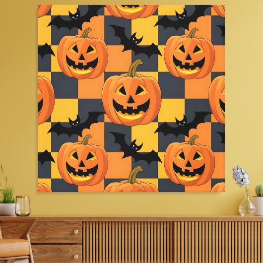 Spooky Halloween pompoen en vleermuispatroon Canvas Afdruk (Insitu (Woonkamer))