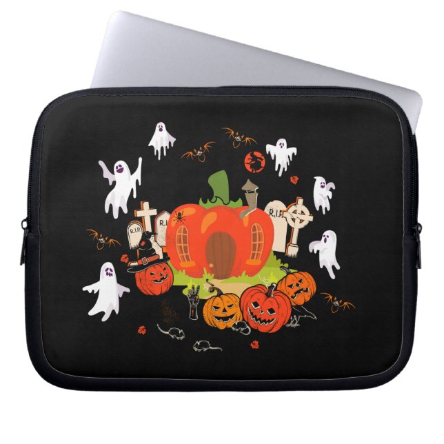 Spooky Halloween Pompoen Graveyard Scene Laptop Sleeve (Voorkant)