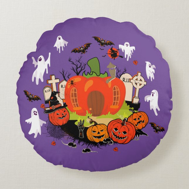 Spooky Halloween Pompoen Graveyard Scene Rond Kussen (Voorkant)