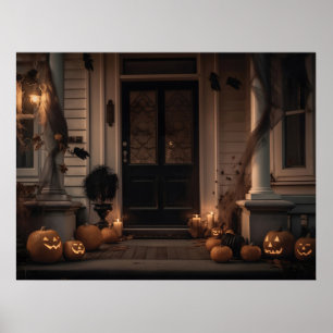 Spooky Halloween Porch Decor met Jack-o'-Lanterns Poster
