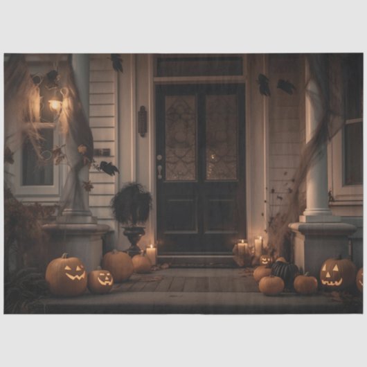 Spooky Halloween Porch Decor met Jack-o'-Lanterns Tissuepapier (Voorkant)