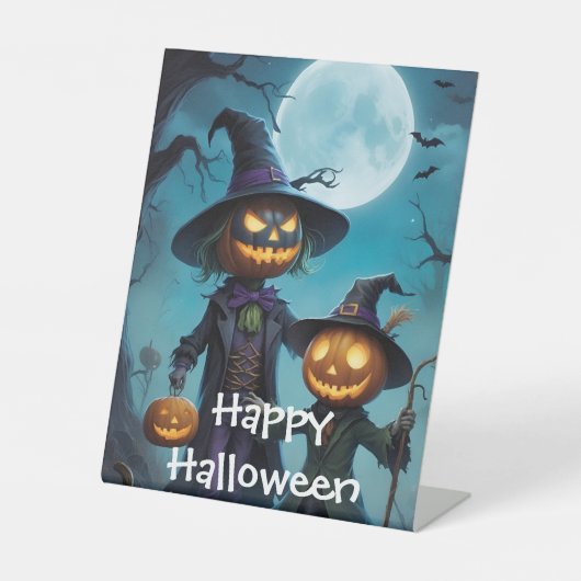 Spooky Halloween Pumpkin Duo Reclamebord Met Voetstuk (Voorkant)