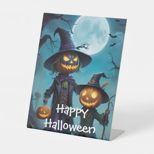 Spooky Halloween Pumpkin Duo Reclamebord Met Voetstuk (Voorkant)