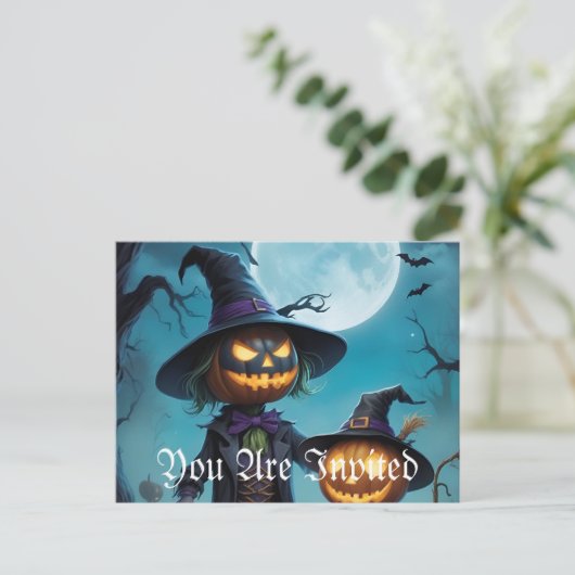 Spooky Halloween Pumpkin Duo Uitnodiging Briefkaart (Staand voorkant)