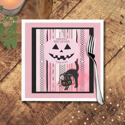 Spooky Halloween Roze en Zwarte Strepen Pompoen Servet