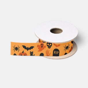 Spooky Halloween Satin Ribbon – Zwart & Sinaasappe Satijnen Lint