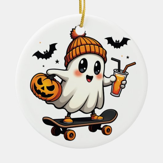 Spooky Halloween Schaatsen Pompoen Spice Ghost Her Keramisch Ornament (Voorkant)