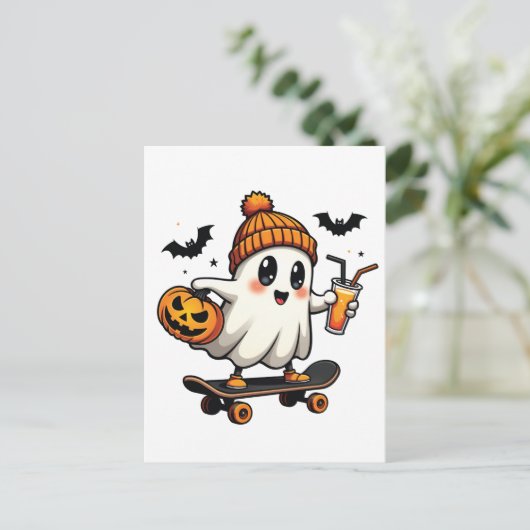 Spooky Halloween Schaatsen Pompoen Spice Ghost Her Uitnodiging Briefkaart (Staand voorkant)