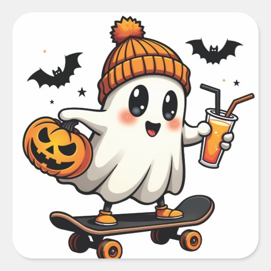 Spooky Halloween Schaatsen Pompoen Spice Ghost Her Vierkante Sticker (Voorkant)