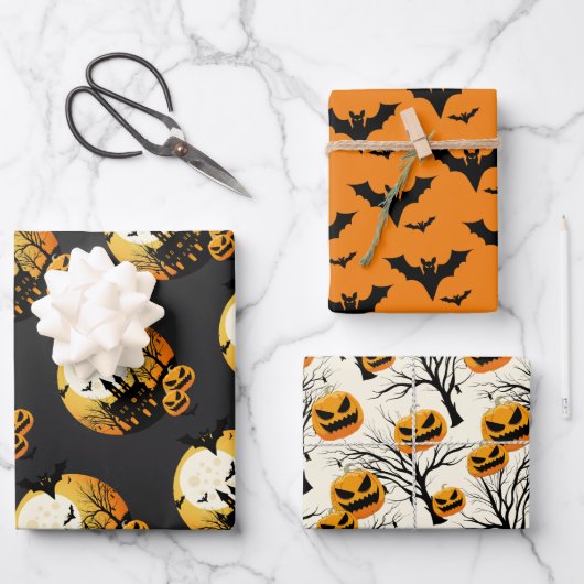 Spooky Halloween Sinaasappel Zwart Inpakpapier Vel (Voorkant)