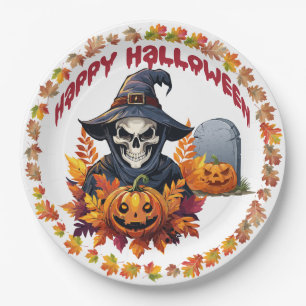 Spooky Halloween sjamaan met herfstbladeren Papieren Bordje