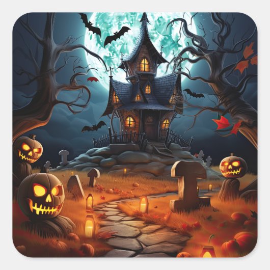 Spooky Halloween Skelet Skull Haunted House Vierkante Sticker (Voorkant)